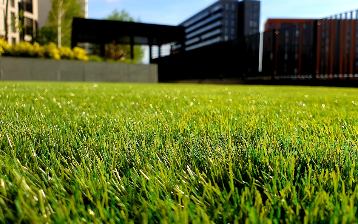Precisely mowed commercial grounds in front of office buildings